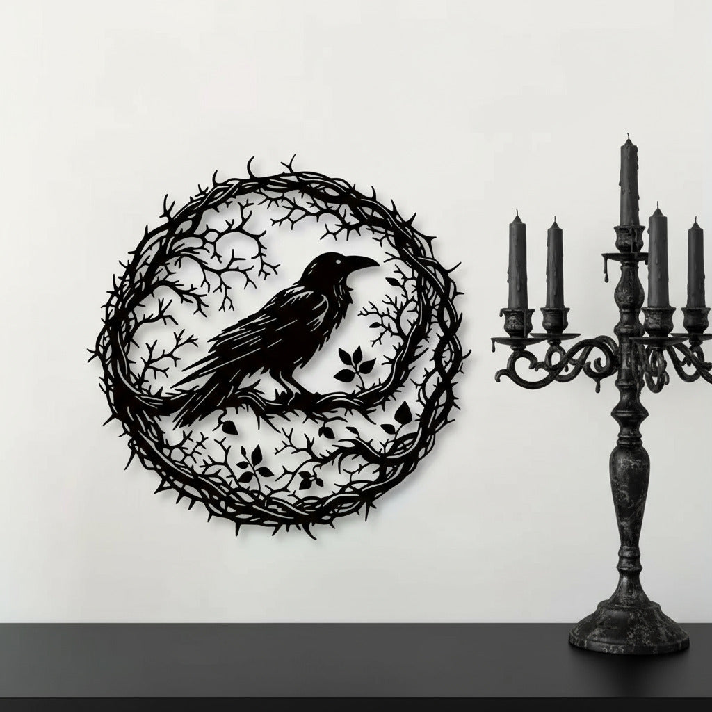 Ejemplo visual de un Arte de pared, cuervo de metal con rama circular, decoración gótica de hierro negro medidas