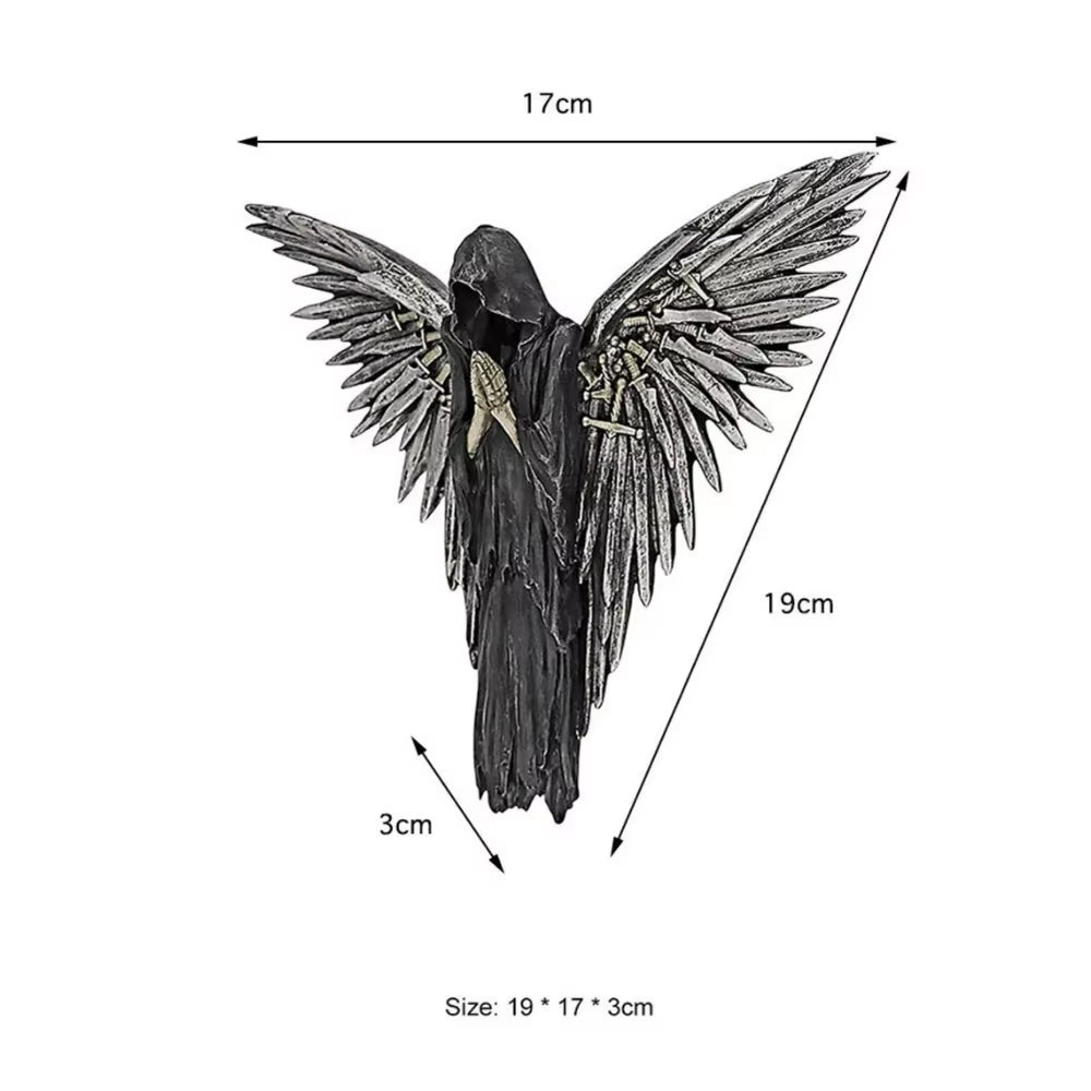 medidas de una Escultura ángel oscuro rezando con alas de espadas y cuchillos, decoración gótica pared resina