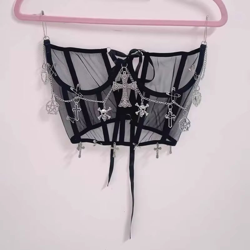 Frontal de Faja cinturón gótica translúcida y negra con calaveras, cruces y cadenas metálicas estilo punk grunge