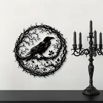 Ejemplo visual de un Arte de pared, cuervo de metal con rama circular, decoración gótica de hierro negro medidas