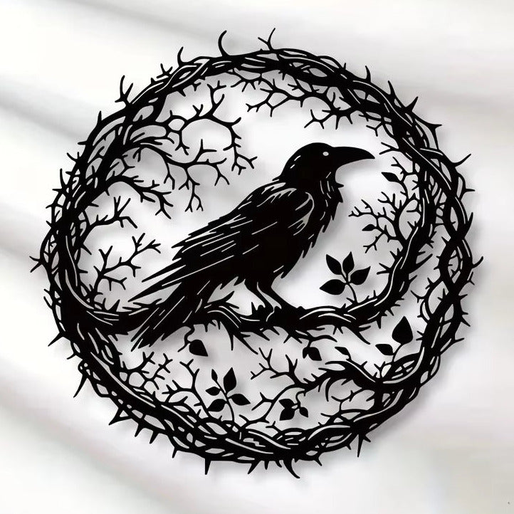Arte de pared, cuervo de metal con rama circular, decoración gótica de hierro negro