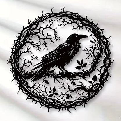 Arte de pared, cuervo de metal con rama circular, decoración gótica de hierro negro