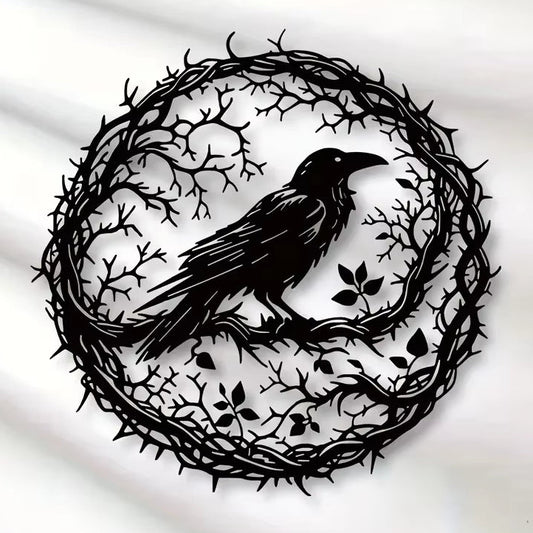 Arte de pared, cuervo de metal con rama circular, decoración gótica de hierro negro