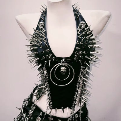 Bustier Top punk con remaches y calaveras estilo alternativo
