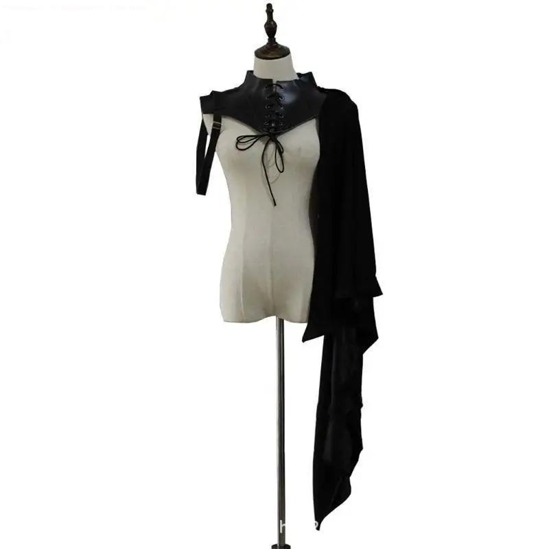 Maniqui con capa negra un solo hombro gótica medieval con cordones, estilo punk renacentista ajustable