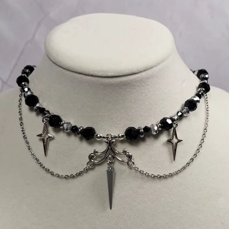 Collar gótico de acero inoxidable, bolas de cuentas y estrellas plateadas en forma de cruz, acabado negro y plateado, 35+5cm
