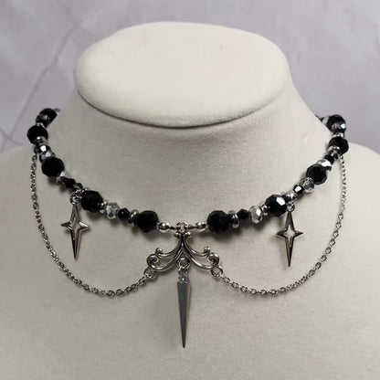 Collar gótico de acero inoxidable, bolas de cuentas y estrellas plateadas en forma de cruz, acabado negro y plateado, 35+5cm
