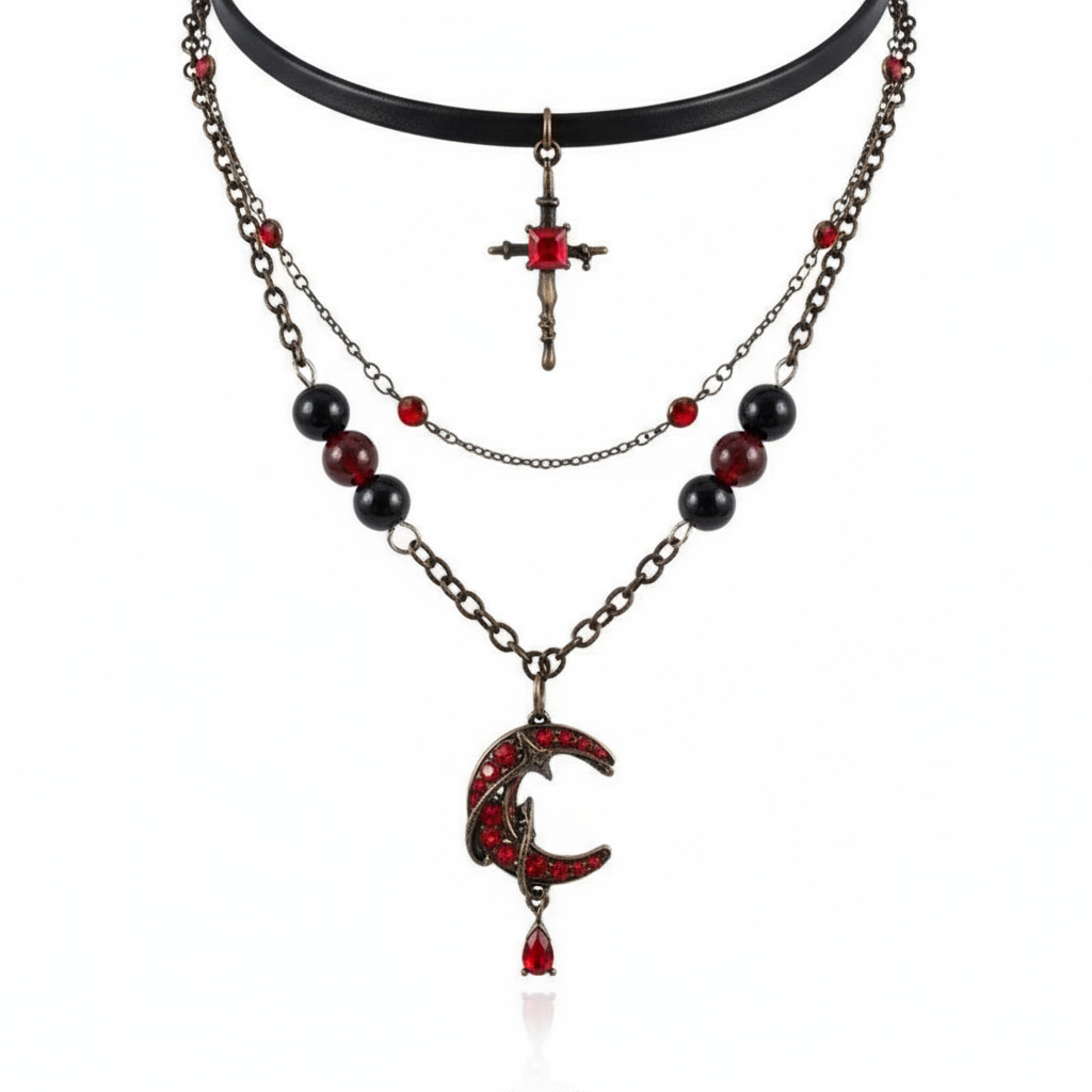 Collar gótico con colgante de cruz metálica, luna sangrienta de cristal rojo, cuentas estilo unisex alternativo