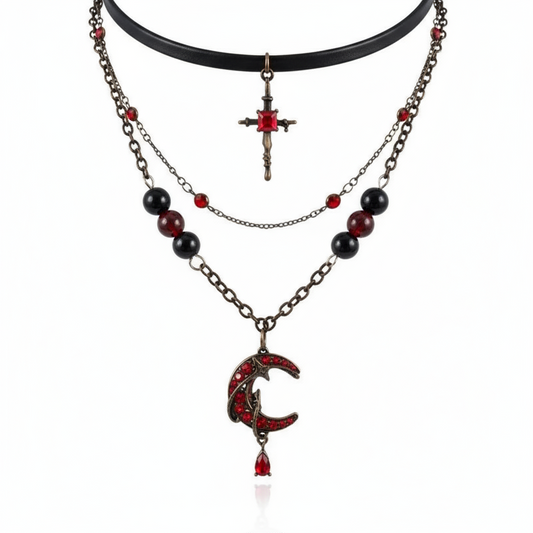 Collar gótico con colgante de cruz metálica, luna sangrienta de cristal rojo, cuentas estilo unisex alternativo