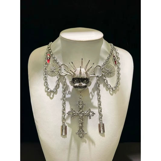 Collar gótico punk metálico con cabeza de pinchos grande, cruces, telarañas, cuchillas, ataúdes y cadenas, joyería extrema unisex
