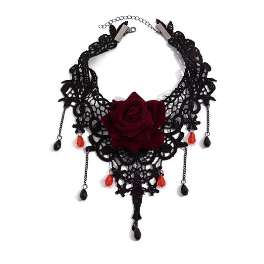 Collar gótico con una gran rosa, encaje negro de doble capa con colgante de cruz y pedreria, 45-50cm ajustable, joyería romántica.