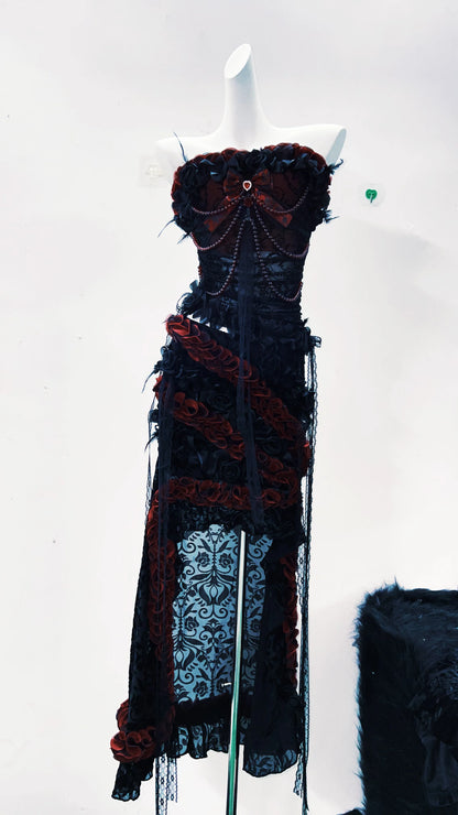 Conjunto formal gótico kawaii de 2 piezas con top y falda separados, lazos rojos, perlas rojas, encaje y estampados preciosos estilo alternativo
