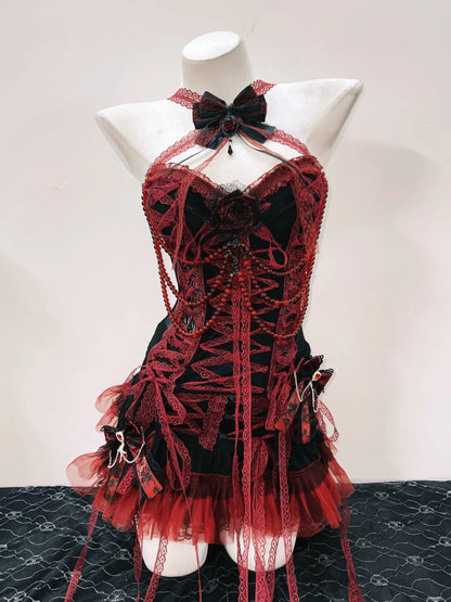 Conjunto top y falda góticos rojos y negros con lazo decorativo y perlas rojas estilo neo gótico vintage punk

