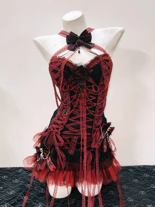 Conjunto top y falda góticos rojos y negros con lazo decorativo y perlas rojas estilo neo gótico vintage punk
