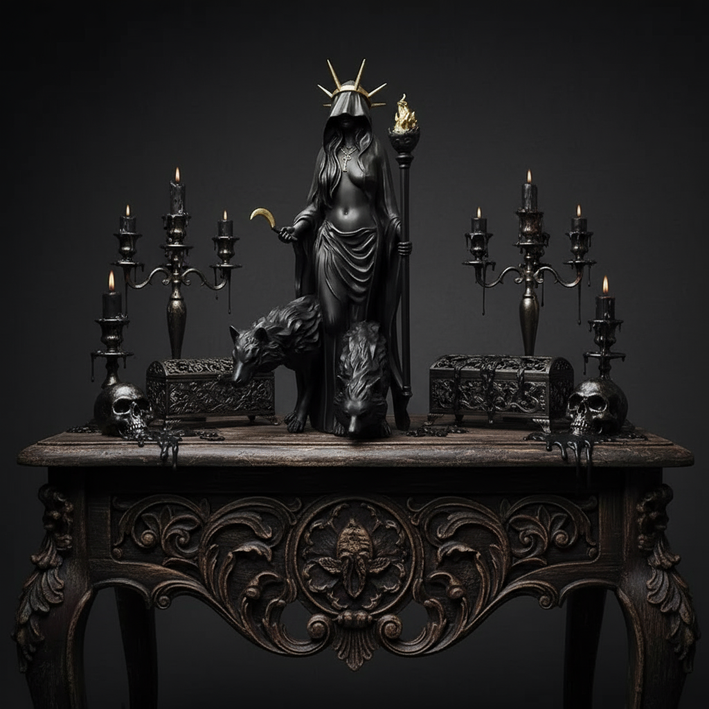 Estatua diosa Hécate resina con perros antorchas y calaveras, escultura gótica mitología griega decoración en una mesa