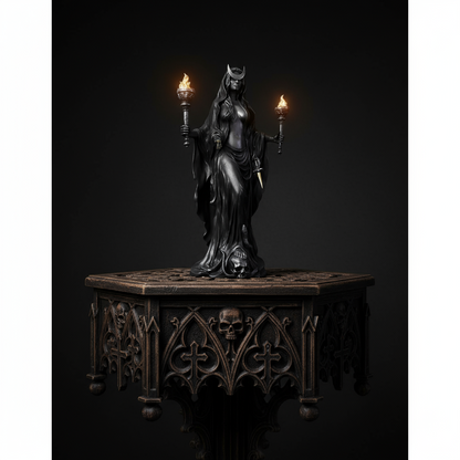 Estatua diosa Hécate resina con  antorchas y calaveras, escultura gótica mitología griega decoración en una mesa