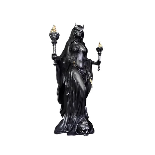 Estatua diosa Hécate resina con perros antorchas y calaveras, escultura gótica mitología griega decoración
