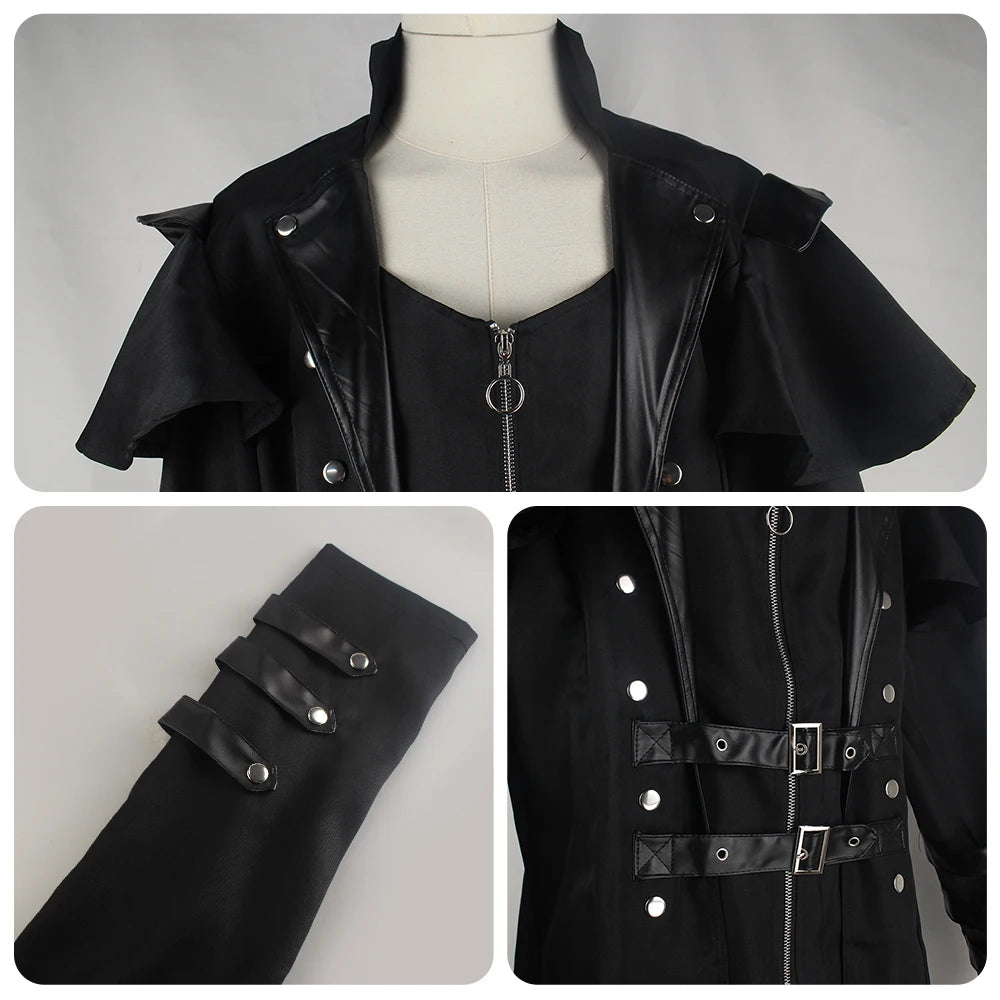 Imágenes de cerca mostrando los detalles de una gabardina gótica larga hombre doble botonadura, abrigo steampunk victoriano medieval vintage elegante