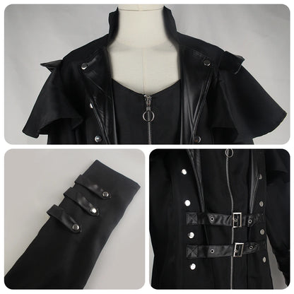 Imágenes de cerca mostrando los detalles de una gabardina gótica larga hombre doble botonadura, abrigo steampunk victoriano medieval vintage elegante