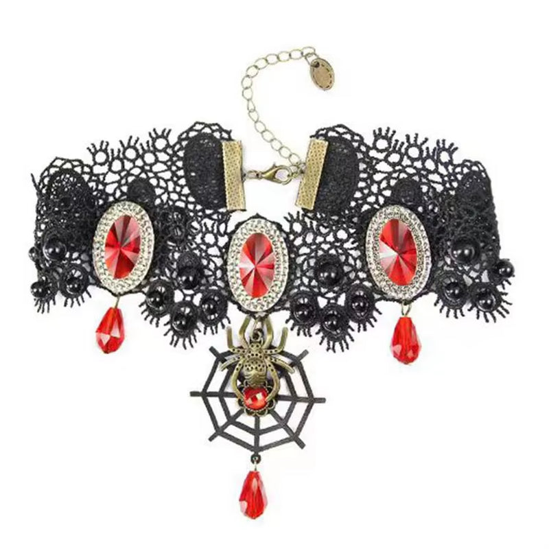 Gargantilla gótica victoriana de encaje negro con colgante de araña, piedras rojas y cuentas negras, joyería elegante para mujer

