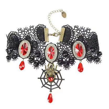 Gargantilla gótica victoriana de encaje negro con colgante de araña, piedras rojas y cuentas negras, joyería elegante para mujer
