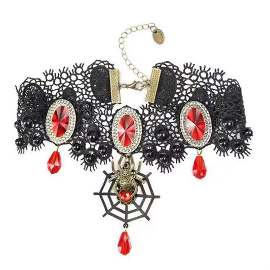 Gargantilla gótica victoriana de encaje negro con colgante de araña, piedras rojas y cuentas negras, joyería elegante para mujer
