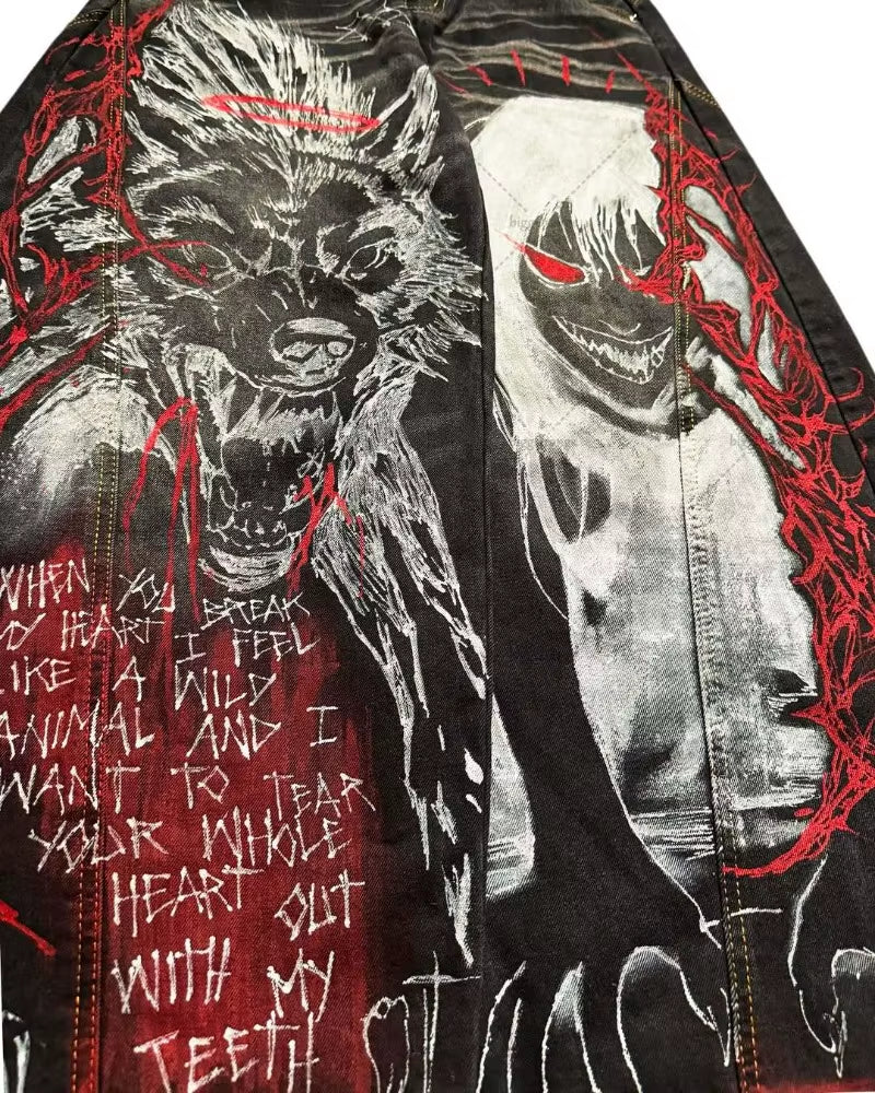 Estampado de cerca de unos jeans góticos Y2K unisex con estampado rojo y negro, vaqueros holgados Harajuku hip hop punk streetwear alternativo