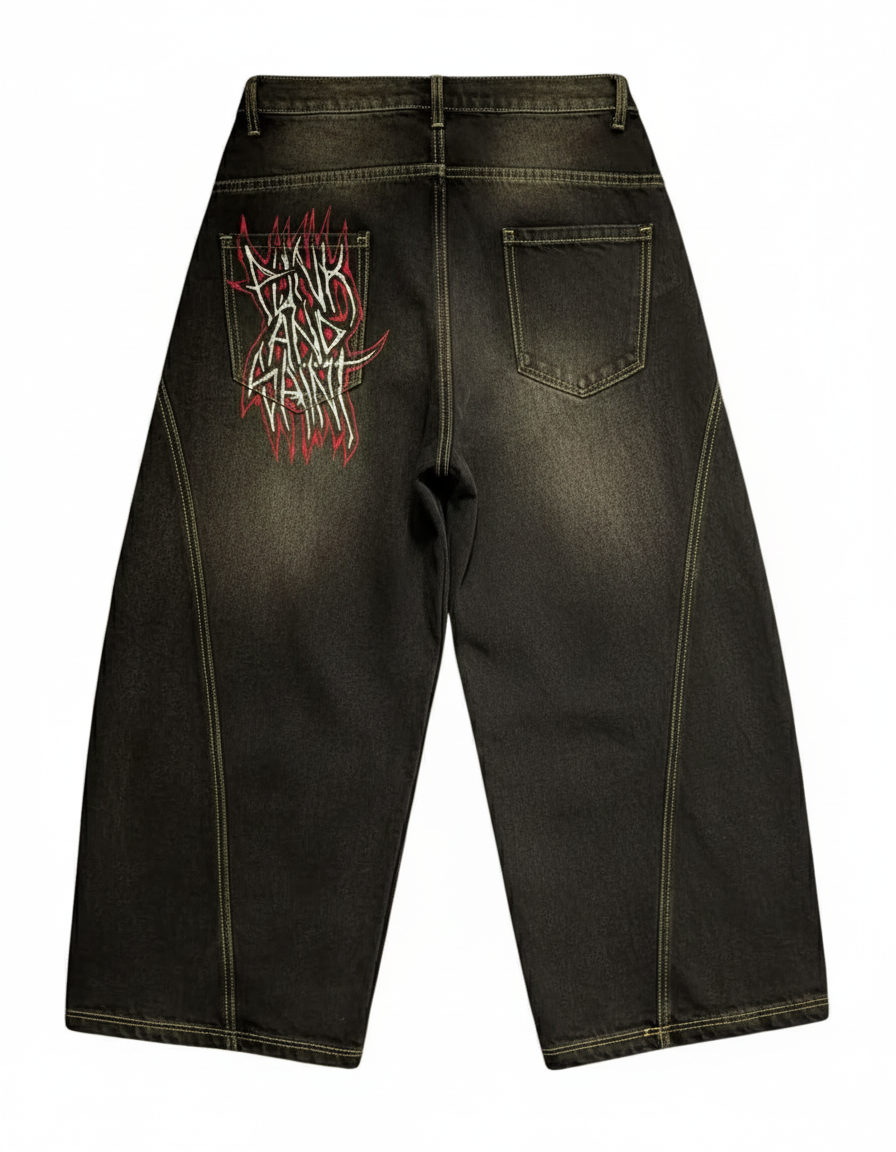 Imagen trasera de jeans góticos Y2K unisex con estampado rojo y negro, vaqueros holgados Harajuku hip hop punk streetwear alternativo