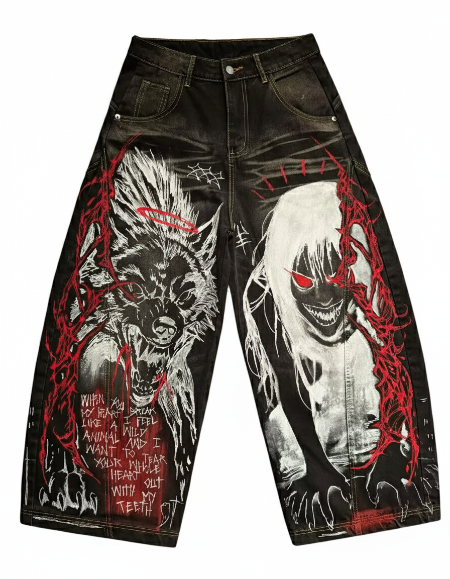 Jeans góticos Y2K unisex con estampado rojo y negro, vaqueros holgados Harajuku hip hop punk streetwear alternativo