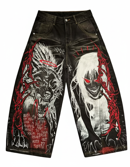 Jeans góticos Y2K unisex con estampado rojo y negro, vaqueros holgados Harajuku hip hop punk streetwear alternativo