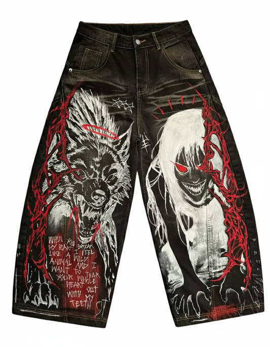 Jeans góticos Y2K unisex con estampado rojo y negro, vaqueros holgados Harajuku hip hop punk streetwear alternativo