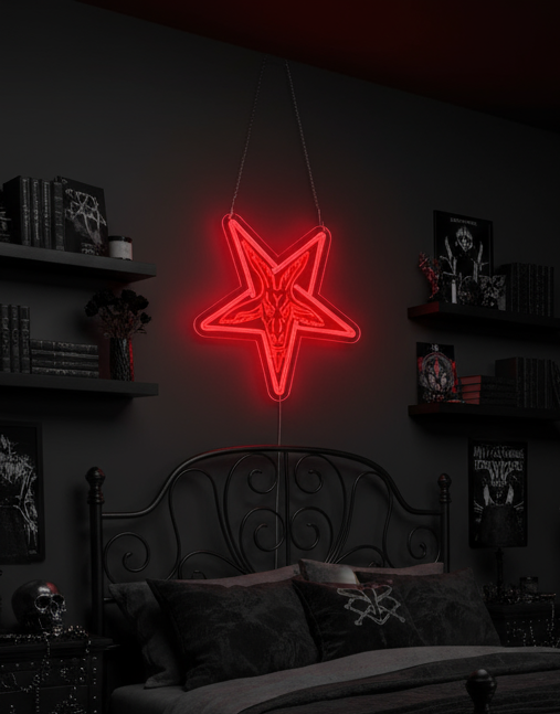 Letrero De Neón Gótico rojo de Baphomet, con estrella invertida, en una habitacion gotica