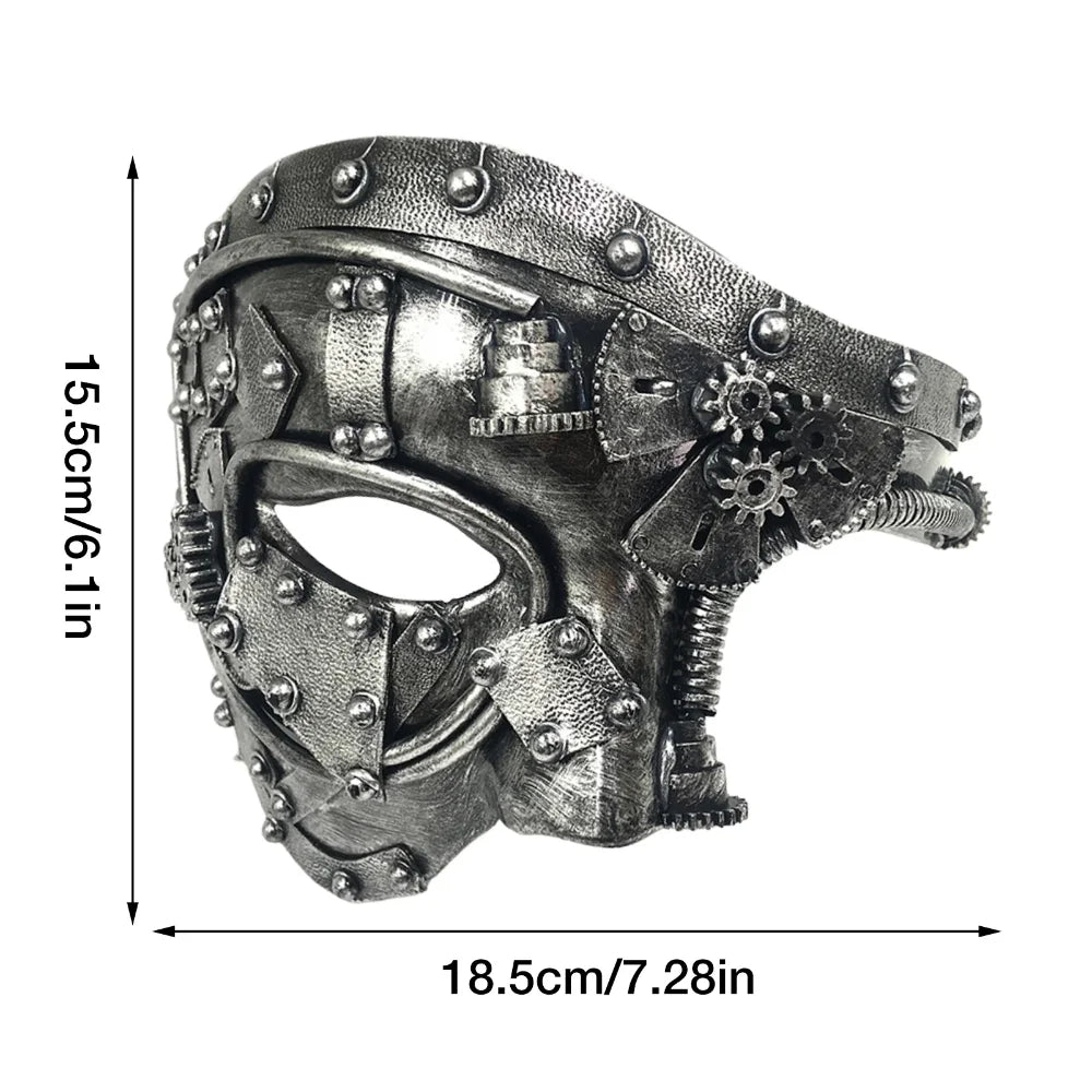 Máscara steampunk de media cara con diseño de engranajes mecánicos dorados, accesorio gótico para cosplay y moda alternativa, medidas 15,5cm de alto, 18,5cm de ancho