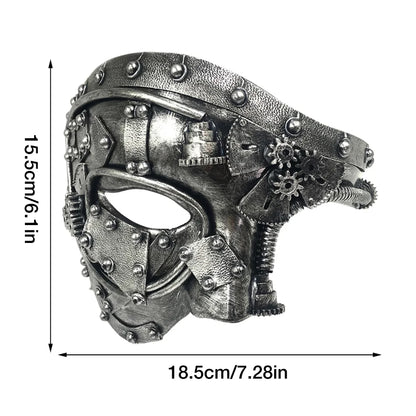 Máscara steampunk de media cara con diseño de engranajes mecánicos dorados, accesorio gótico para cosplay y moda alternativa, medidas 15,5cm de alto, 18,5cm de ancho