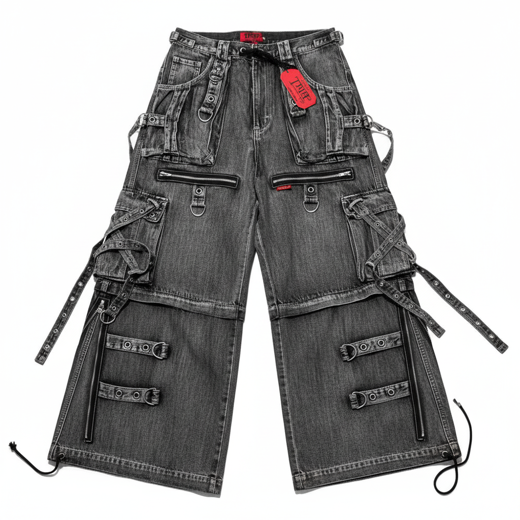 Pantalones anchos holgados dark unisex con multibolsillos desgastados, vaqueros streetwear alternativos estilo urbano gótico con un fondo blanco que hace que el producto destaque