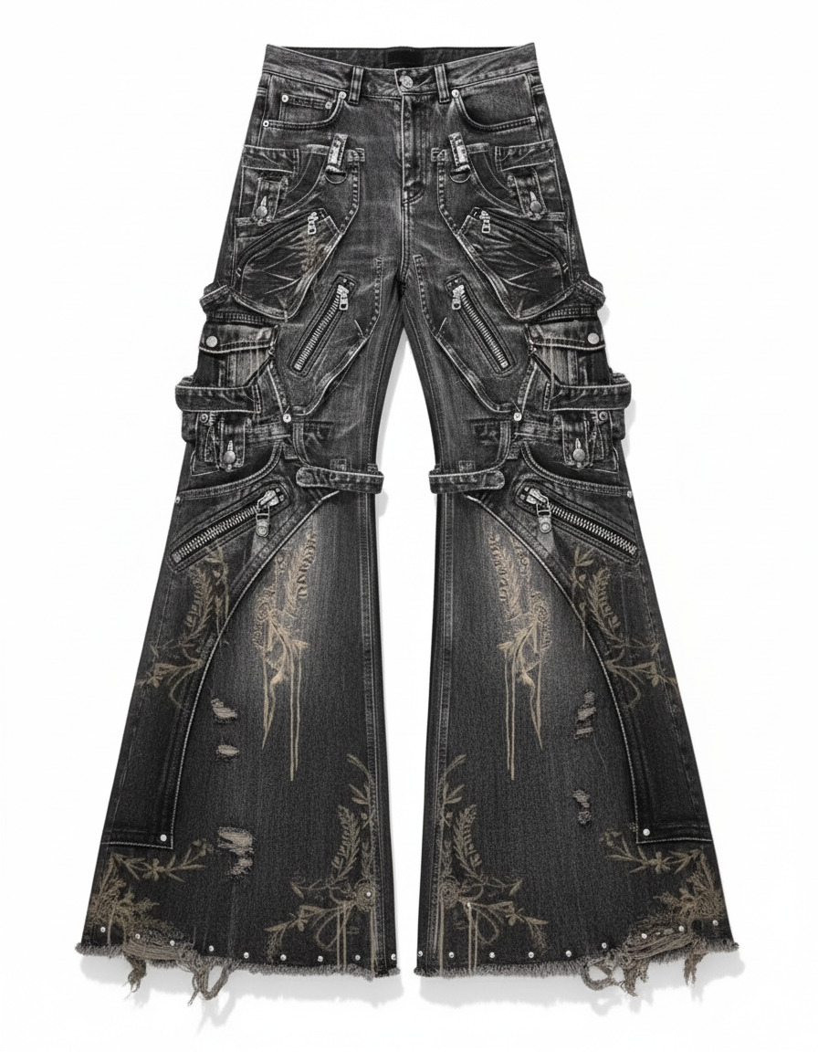 Fondo blanco con unos pantalones cargo goth punk negros multibolsillos acampanados con correas cremalleras tachuelas bordes deshilachados streetwear alternativo
