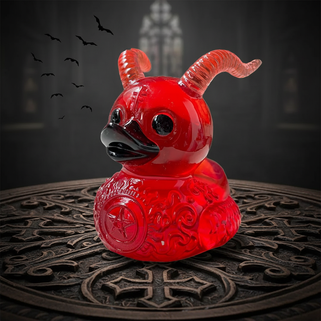 Un patito de decoración de color rojo, satánico punk con cuernos. Es de resina