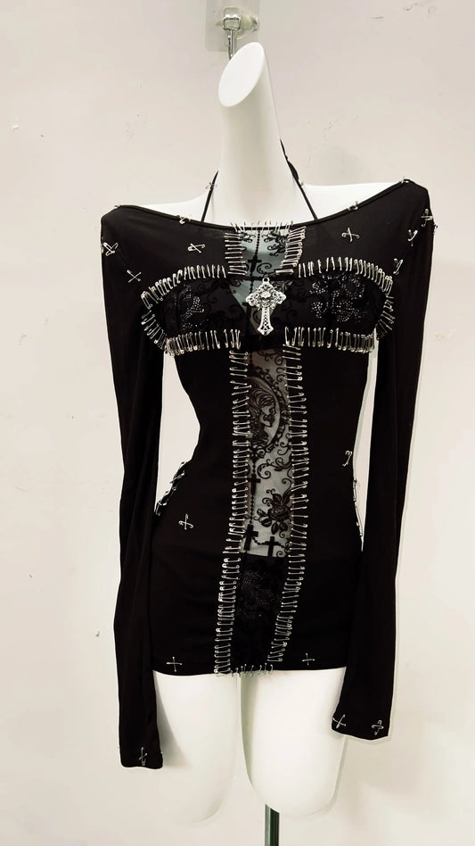 Top camiseta gótica punk con cruces, top vintage alternativo de estilo gótico
