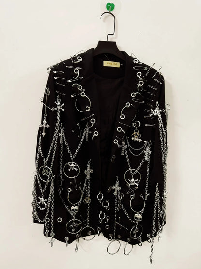 Traje blazer gótico punk con cruces y calaveras, conjunto vintage alternativo estilo gótico unisex
