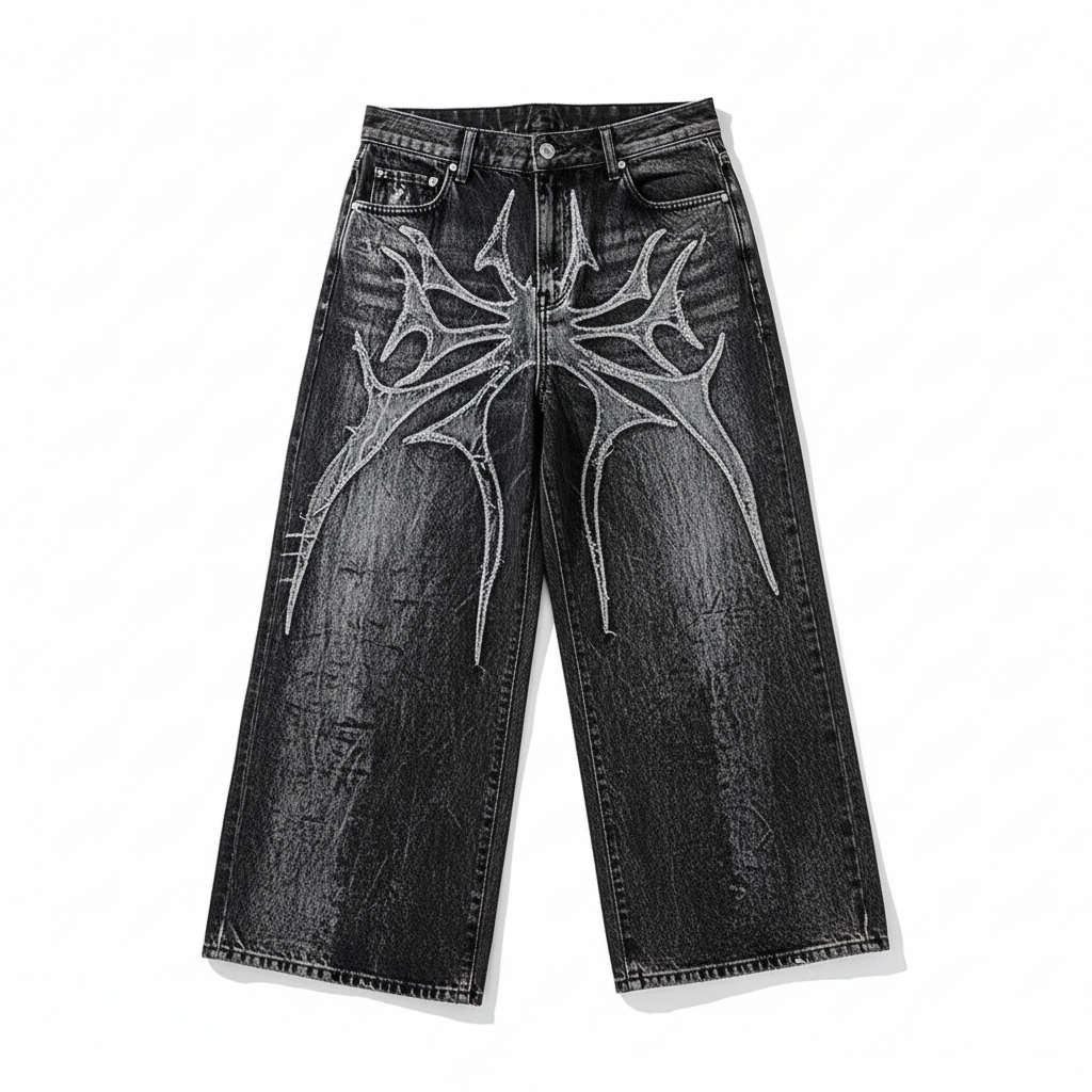 Imagen frontal con un fondo blanco de unos Vaqueros góticos holgados unisex con parche de araña bordado, estilo Y2K streetwear hip hop, pantalones rectos alternativos