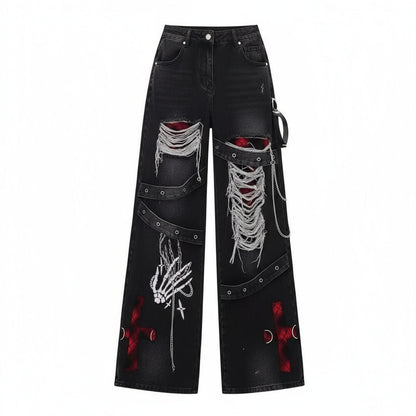 Pantalones vaqueros holgados para mujer góticos con rotos, tiras decorativas y parches rojos, son unos jeans retro punk alternativo.