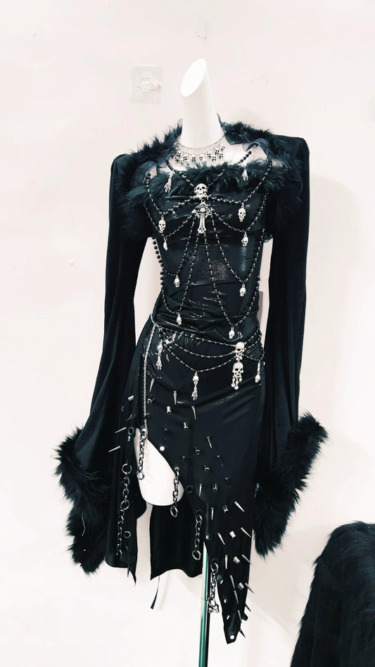 Vestido gótico elegante de 3 piezas estilo punk con calaveras y detalles metálicos para mujer